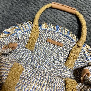 Zara Natural and Blue Straw Tote with Braided Handles